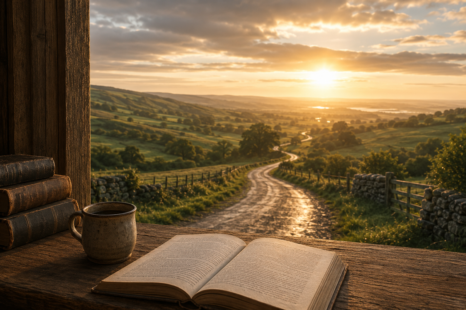 A winding country road seen from beside an open book